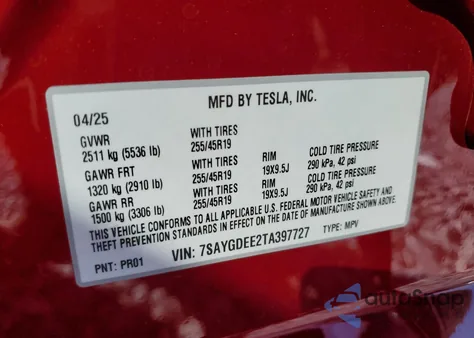 2026 Tesla Model Y from USA, damaged, VIN 7SAYGDEE2TA397727